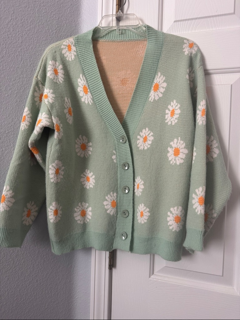 Daisy-Print Mint V-Neck Button Cardigan Sweater